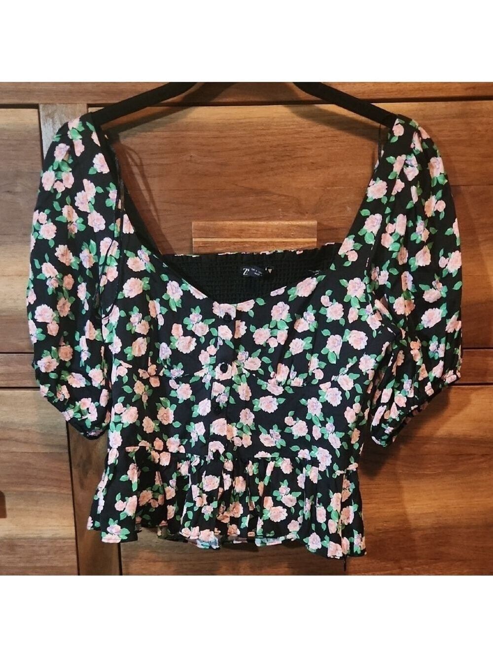 Zara Black/Pink Cropped Peplum Floral Boho Peasant SS Blouse Small